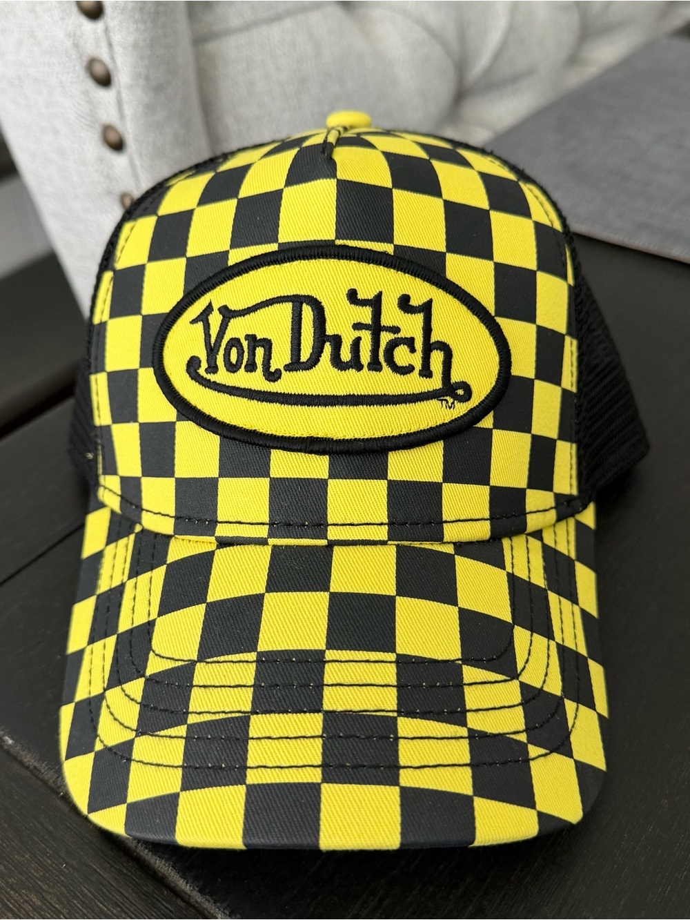 Von Dutch Yellow and Black Checkerboard Trucker Hat